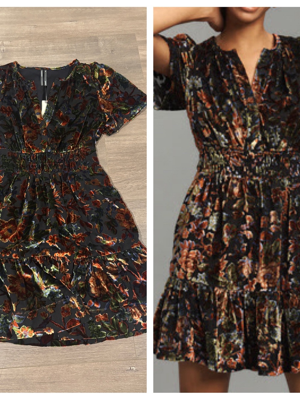 Anthro Somerset Floral Velvet Short Sleeve Smocked Waist Dress - Black Multi